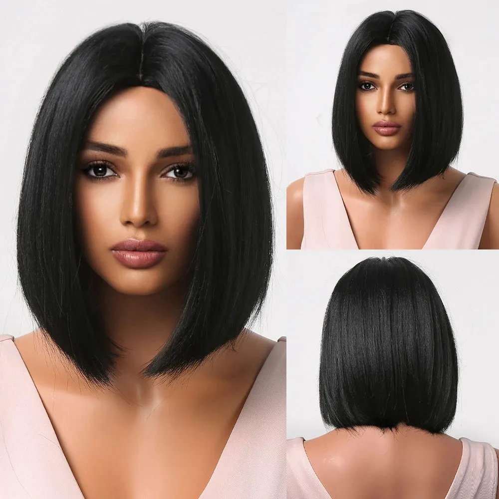 Purple Pink Ombre Black Short Straight Synthetic Wigs with Bangs Bob Wig for Women Daily Cosplay Party Heat Resistant Fake Hair