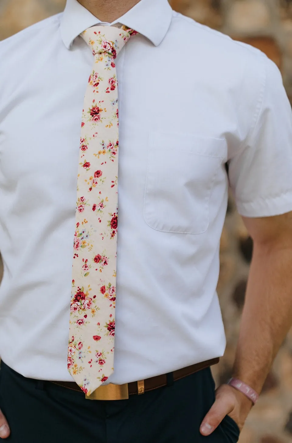 R&B Cream Tie w/ Pink Flowers