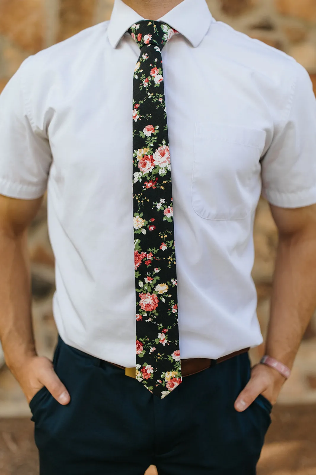 R&B Solid Black Tie w/ Flowers