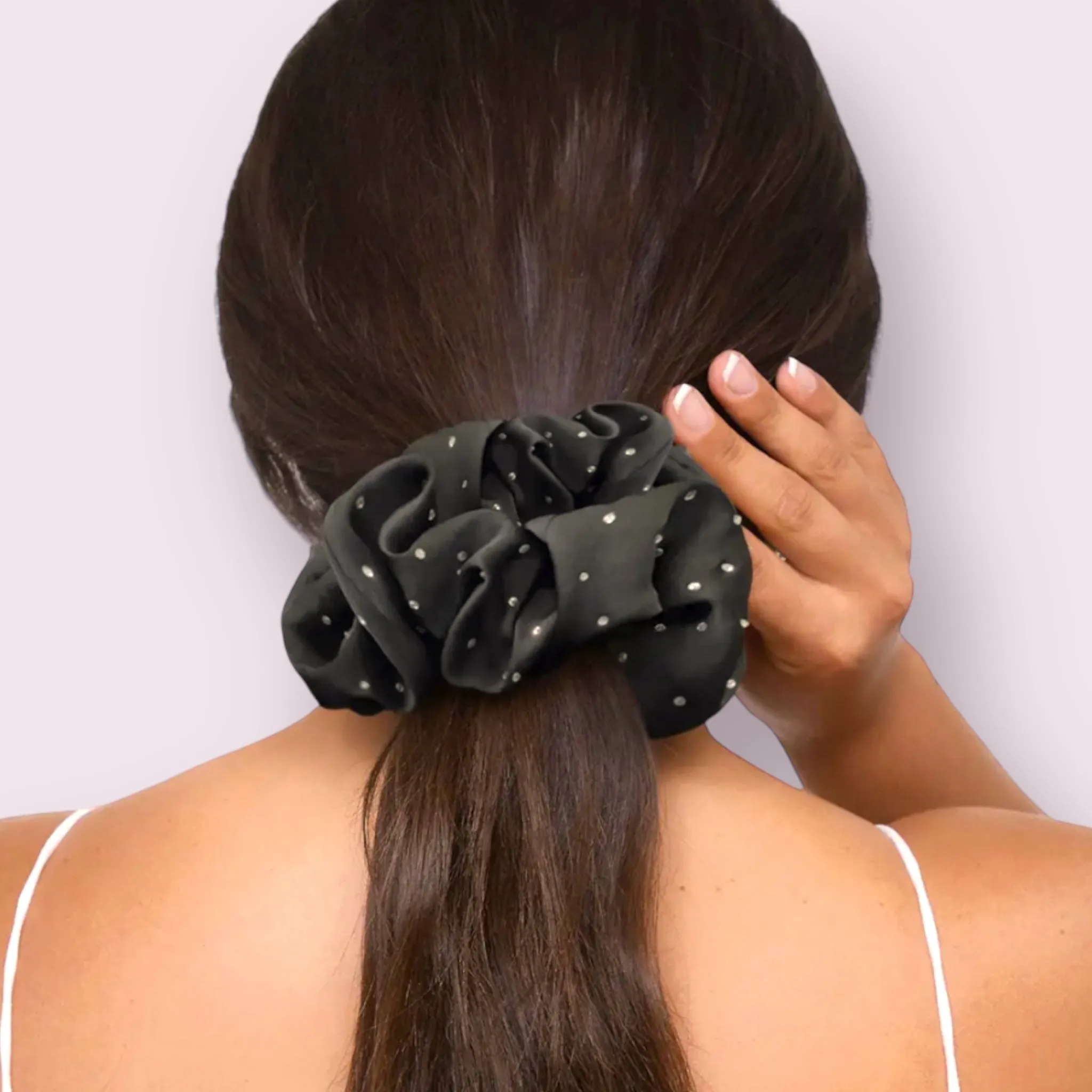 Rhinestone Black Large Satin Scrunchie