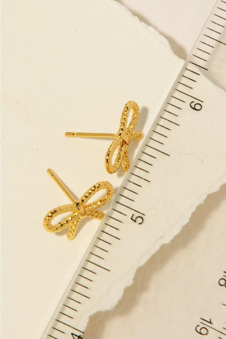 Rope Ribbon Bow Stud Earrings - Gold