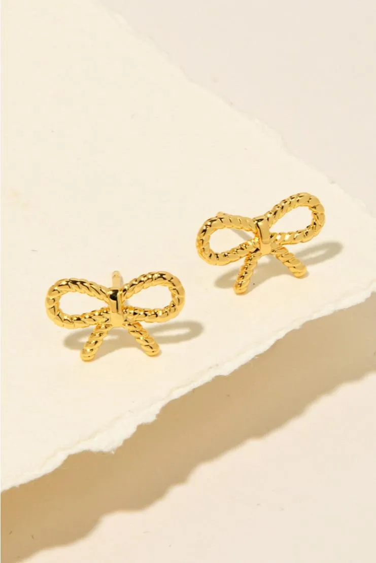 Rope Ribbon Bow Stud Earrings - Gold